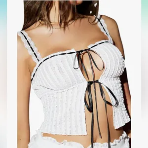 Floerns Lace Trim Tie Front Camisole Textured Sleeveless Crop Cami Top Sz S thumbnail 9