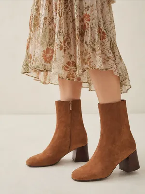 Ann Taylor Brown Suede Square Toe Sculptural Heel Boots Size 9 thumbnail 1