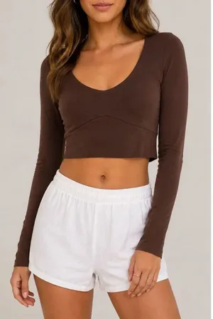 Naked Wardrobe Brown Long Sleeve Crop Top Medium Fitted Minimalist thumbnail 1
