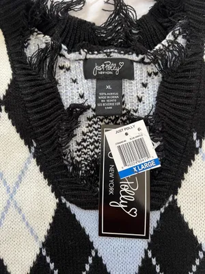 Just Polly Y2K Grunge Distressed Argyle Knit Sweater Size XL NWT Blue thumbnail 6