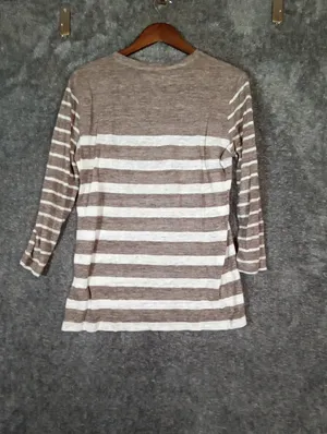 Madewell Heather Taupe Brown Striped Linen Summer Coastal Minimalist Top M thumbnail 4