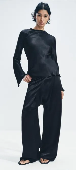 Zara Asymmetric Satin Effect Black Pants thumbnail 1