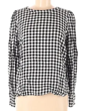 Loft Women's Size XS Blouse Long Puff Sleeve Black White Gingham Crewneck 552579 thumbnail 1