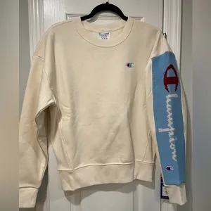 NWT Champion Heavyweight Reverse Weave Knit Sleeve Logo Cream Crew Neck Size M thumbnail 1