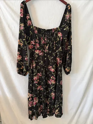 Forever 21 Black Floral Long-Sleeve Midi Dress with Pink Roses thumbnail 7