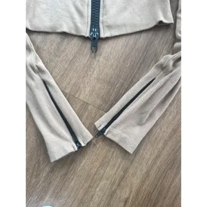 WHITE FOX Ribbed Knit Crop Zip-Up Top‎ XS Tan Y2K Street Style Neutral Aesthetic thumbnail 6