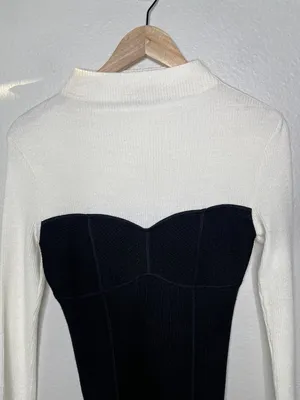 Theory Ribbed Knit Colorblock Bustier Seamtop Sweater Black White Med thumbnail 2