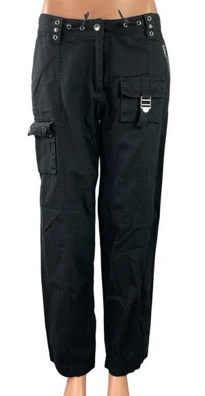 Edikted Women's Black Rivets Buckle Mid Rise Straight Leg Trousers Cargo Pants M thumbnail 1