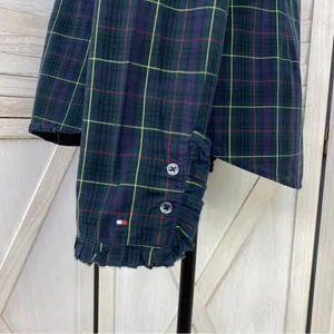 Tommy Hilfiger Plaid Ruffle Cuff Trim Button Front‎ Shirt Green Navy Medium thumbnail 8