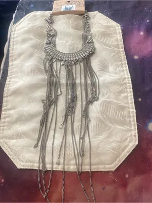 Wild Flower Silver Tone Long Statement Bib Necklace Fringe Festival Boho New NWT thumbnail 1