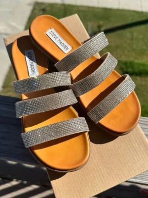 Steve Madden Crystal Triple-Strap Slide Sandal in Tan and Silver thumbnail 1