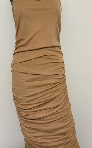Ruched Sleeveless Maxi Dress in Camel Tan NWOT Large thumbnail 1