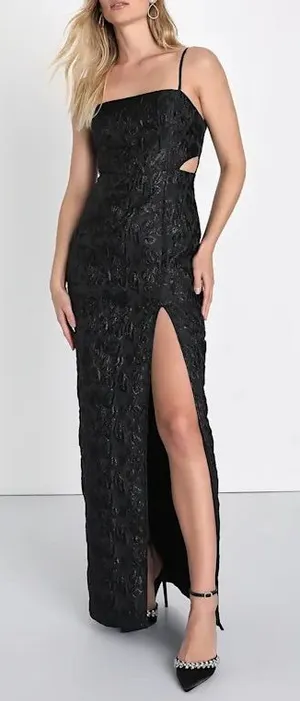 Lulu’s NWT Gorgeously Chic Black Floral Jacquard Cutout Maxi Dress Size Medium thumbnail 1