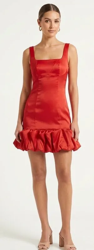 Satin Square-Neck Red Mini Dress with Ruffle Hem thumbnail 1