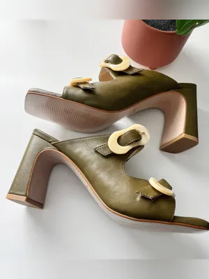 Ana Palma Olive Green Leather Ivory Buckle Block Heel Mules Made in Spain thumbnail 2