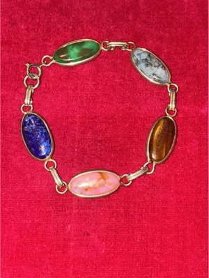 Vintage Egyptian Revival Gold Tone Multi-Stone Oval Cabochon Link Bracelet 7.25” thumbnail 6