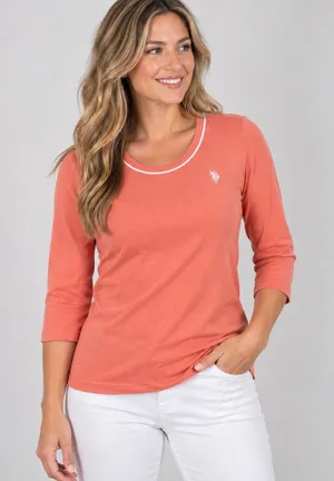 US Polo Assn Womens Coral Pink 3/4 Sleeve Cotton Scoop Neck Top Small Logo thumbnail 1