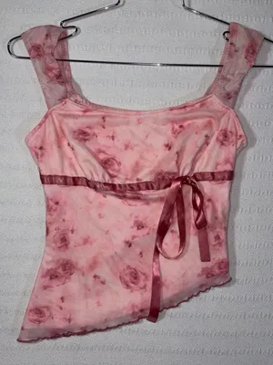 Womens Y2K Coquette Floral Asymmetrical Tank Top Size S Pink Ballet Fairy Girly thumbnail 1