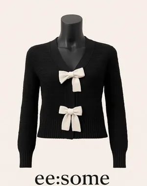 ee:some Black‎ Knit Bow Front Cardigan Sweater Women’s M thumbnail 1