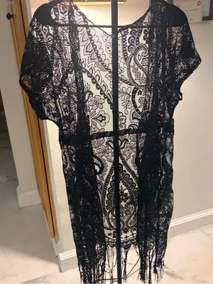 Black Lace Fringe Mini Dress Cover-Up thumbnail 2