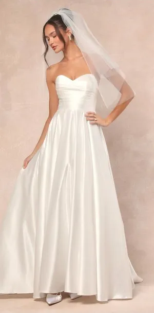 Lulus Khalida White Satin Pleated Strapless Gown Size Medium Bridal Wedding thumbnail 1