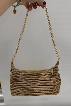 Tan Woven Straw Baguette Shoulder Bag Gold Chain Strap Raffia Style Bag thumbnail 1