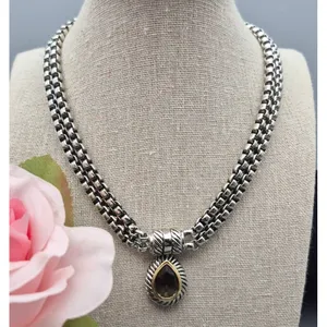 Choker Collar Pendant Necklace Silver Tone Double Box Chain Smokey Teardrop 16" thumbnail 3