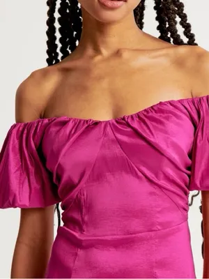 NWT Abercrombie & Fitch fuchsia off-Shoulder Puff Sleeve Midi Dress in Hot pink thumbnail 4