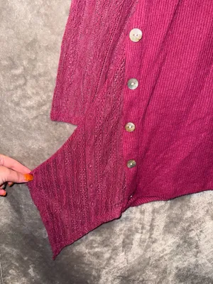 World Unity Burgundy Ribbed Knit Handkerchief Side Lace-Trim Tunic Top thumbnail 6