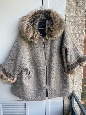 Taupe Knit Zip-Front merino wool Women's Sweater Cape with Faux Fur Trim thumbnail 2