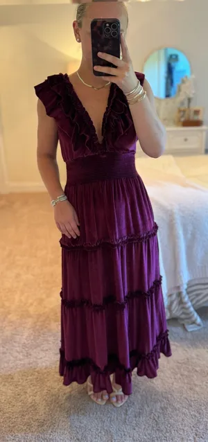 Anthropologie Love The Label Velvet Ruffle Maxi Dress in Burgundy Wine thumbnail 1