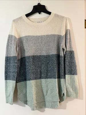 Pink Clover Striped Crewneck Sweater in Cream, Gray & Mint thumbnail 1