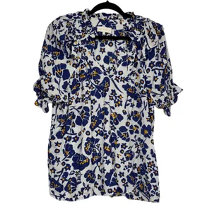 Cabellero Blue White Floral Silk Blend Blouse Womens L Puff Sleeve Boho Shirt thumbnail 2