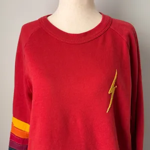 Aviator Nation Red Crew Neck Sweater with Rainbow 5 Stripes with Pockets thumbnail 2