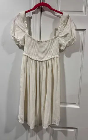 Ivory Puff-Sleeve Smocked Casual Dress thumbnail 1