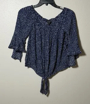 Express Women Navy Blue‎ Polka Dot Top Blouse Off Shoulder size S thumbnail 1