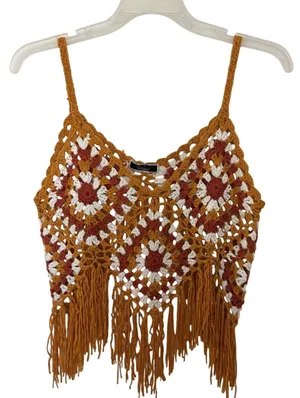 Granny Square Crocheted Crop Fringe Top S/M Boho Festival Hippie Granola thumbnail 1