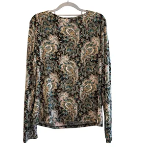 Perseption Concept Top Stretch Knit Popover Blouse Brown‎ Teal Paisley Medium thumbnail 3