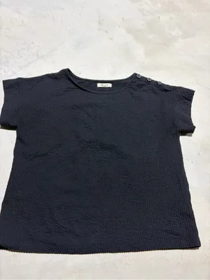 Madewell Black Textured Short Sleeve Top Shoulder Buttons medium thumbnail 2