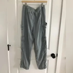 Free People Washed‎ Blue Drawstring Cargo Linen Cotton Blend Pants Size XS thumbnail 3