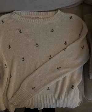 Cream knitted cardigan with navy blue anchors thumbnail 1