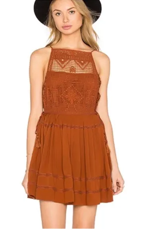 New Free People Emily Crochet copper brown Dress Size XS Boho thumbnail 1