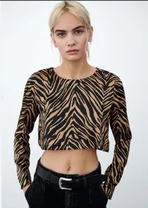 Zara Black and Tan Zebra-Print Cropped Long-Sleeve Top thumbnail 1