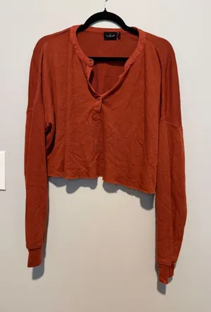 Out From Under Urban Outfitters Waffle Knit Cropped Henley Top Rust Orange L thumbnail 1