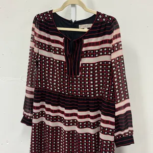 Ann Taylor LOFT Petites Geometric Tile Stripe Chiffon Dress Red Black White LP thumbnail 3