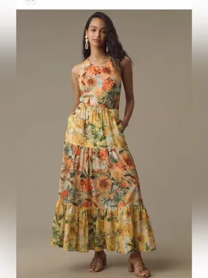 Pilcro Floral Tiered Maxi Dress - Yellow & Coral & Blue size medium thumbnail 10