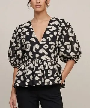Hunter Bell Leighton Top Cotton Blend Black White Peplum Puff Sleeve V-Neck Sz 8 thumbnail 1