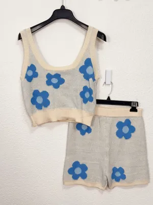 Miss Sparkling Blue Floral Knit Tank Shorts Set XL Two Piece Lounge Matching Set thumbnail 7