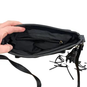 Black Faux Leather Crossbody‎ Bag with Tassel Fringe Boho Moto Emo Whimsygoth thumbnail 4