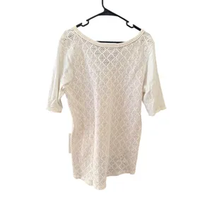 Lucky Brand Cream Cotton Pointelle Knit Top XL Womens Boho Cream Crochet Cottage thumbnail 2
